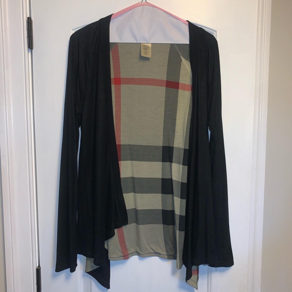 Burberry Black Open-Front Cardigan with Plaid Interior